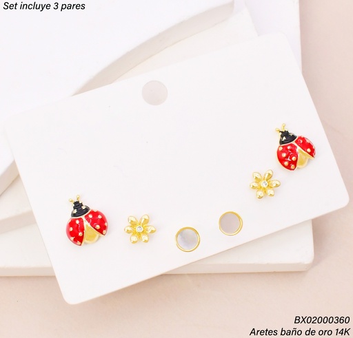 [BX02000360] PAQ. 3 PARES ARETES BAÑO DE ORO 14K. XUPING MARIQUITA SE1537-427 012026