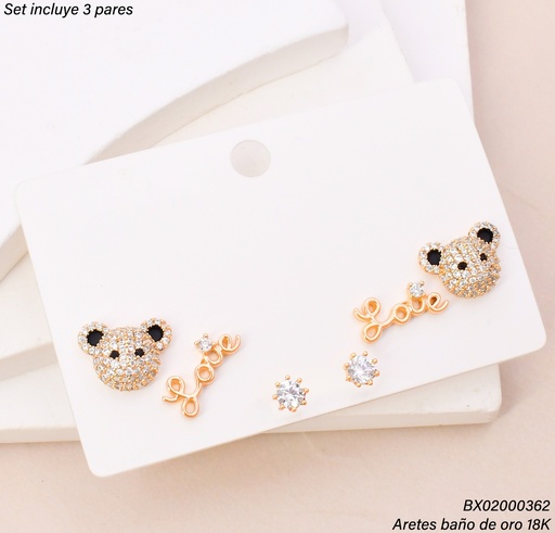 [BX02000362] PAQ. 3 PARES ARETES BAÑO DE ORO 18K. XUPING OSO/ZIRC. SE1539-427 012026
