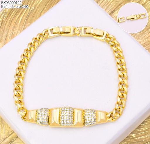 [BX03000122] PULSERA BAÑO DE ORO 14K. XUPING PLACA 3 CUADROS ZIRC. BE1006-428 012026
