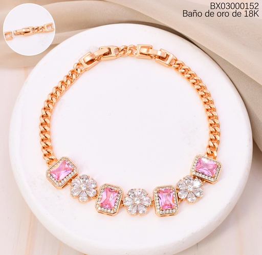 [BX03000152] PULSERA BAÑO DE ORO 18K. XUPING  ZIRC FLOR/RECT. ROSA BE1041-428 012026