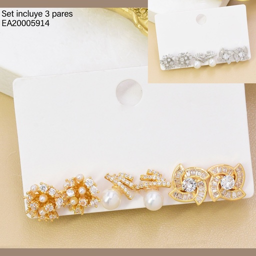 [EA20005914] SET 3 PARES ARETES DOR/PLAT FLOR/PERLA/ZIRC SE1389-6 012026