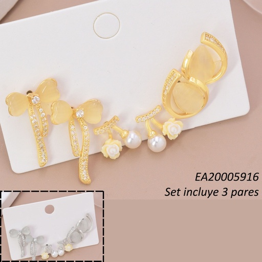 [EA20005916] SET DOR/PLAT 3 PARES ARETES LAZOS/FLOR & PERLA/OVALO SE1391-6 012026
