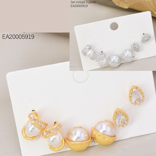 [EA20005919] SET 3 PARES ARETES DOR/PLAT ZIRC/PERLA/GOTA SE1394-6 012026