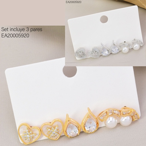 [EA20005920] SET 3 PARES ARETES DOR/PLAT CORAZON/GOTA/PERLA SE1395-6 012026