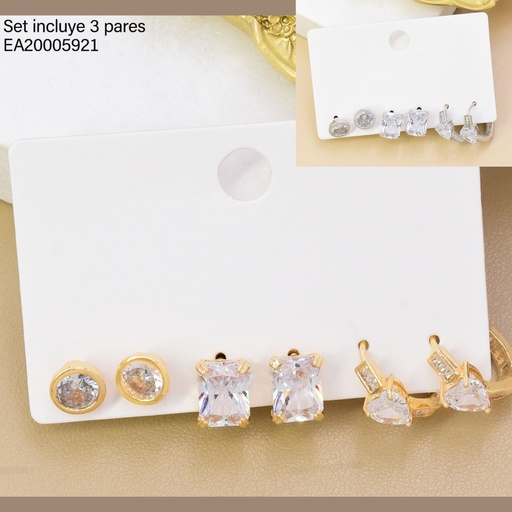 [EA20005921] SET 3 PARES ARETES DOR/PLAT RD/RECT/CORAZON SE1396-6 012026