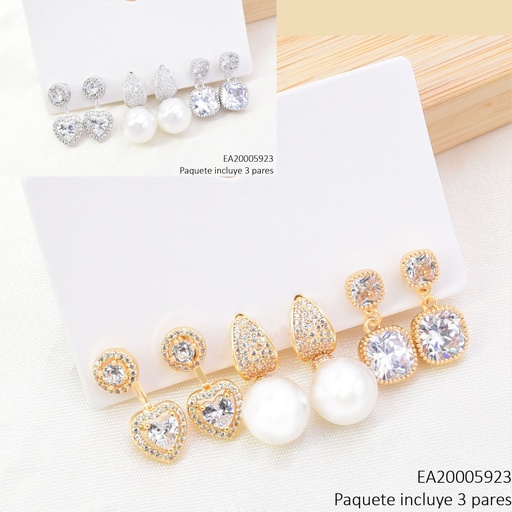 [EA20005923] SET 3 PARES ARETES DOR/PLAT ZIRC/PERLA/CORAZON SE1398-6 012026