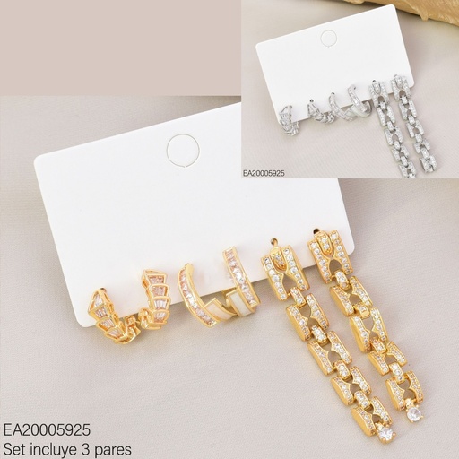 [EA20005925] SET 3 PARES ARETES DOR/PLAT "C" ZIRC/"C"  CREMA/ESLAB. SE1400-6 012026