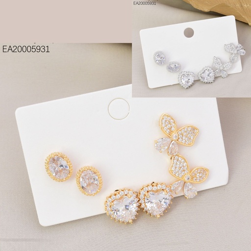[EA20005931] SET 3 PARES ARETES DOR/PLAT ZIRC OV/CORAZON/MARIPOSA SE1406-6 012026