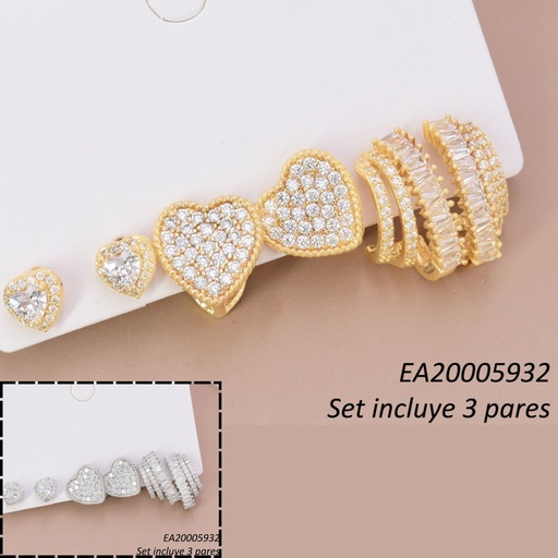 [EA20005932] SET 3 PARES ARETES DOR/PLAT CORAZONES/"C" ZIRC. SE1407-6 012026