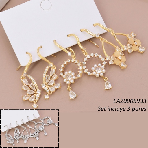 [EA20005933] SET 3 PARES ARETES DOR/PLAT MARIPOSA/CIRC FLOR PERLA/FLOR ZIRC.SE1408-6 012026
