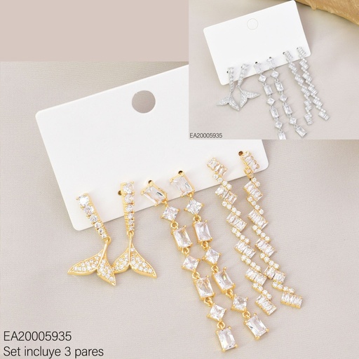 [EA20005935] SET 3 PARES ARETES DOR/PLAT ZIRC RECT/ROMBOS/COLA DE SIRENA SE1410-6 012026