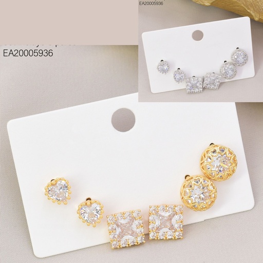 [EA20005936] SET 3 PARES ARETES DOR/PLAT ZIRC CORAZON/CUADRO/RD SE1411-6 012026