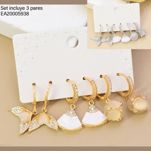 [EA20005938] SET 3 PARES ARETES DOR/PLAT ZIRC COLA SIRENA/TRIANGULO/CD SE1413-6 012026