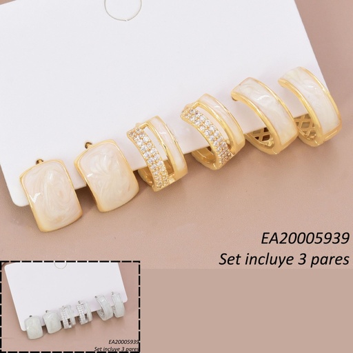 [EA20005939] SET 3 PARES ARETES DOR/PLAT RECT CREMA/ZIRC/HUGGIE SE1414-6 012026