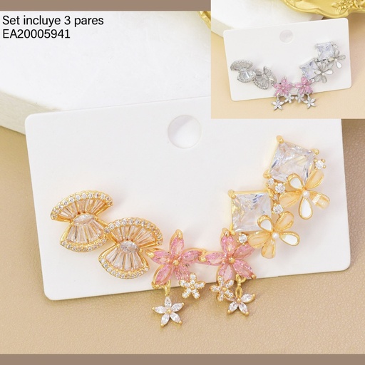[EA20005941] SET 3 PARES ARETES DOR/PLAT ZIRC LAZO/FLOR/FLOR  SE1416-6 012026