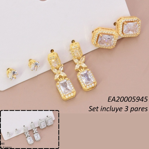 [EA20005945] SET 3 PARES ARETES DOR/PLAT ZIRC RD/RECT FLOR/RECT SE1420-6 012026