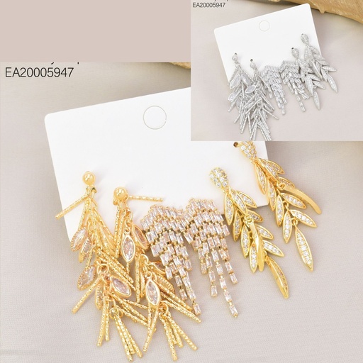 [EA20005947] SET 3 PARES ARETES DOR/PLAT HOJITAS/ZIRC. RECT. SE1422-6 012026