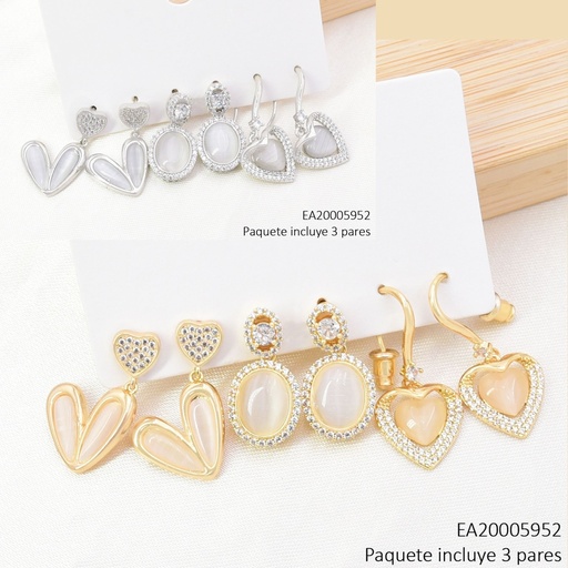 [EA20005952] SET 3 PARES ARETES DOR/PLAT CORAZON/OVALO ZIRC. SE1427-6 012026