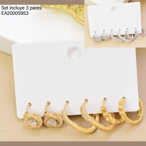 [EA20005953] SET 3 PARES ARETES DOR/PLAT HUGGIES FLOR/LISA/SEGMENTADA SE1428-6 012026
