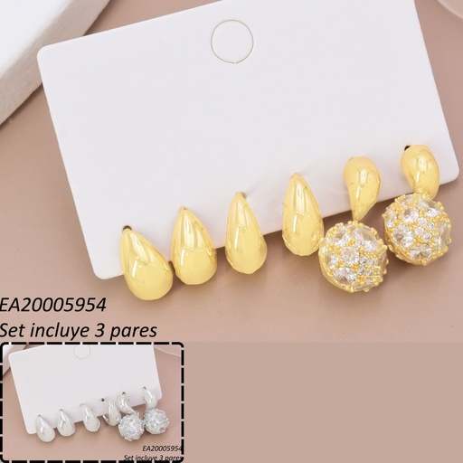 [EA20005954] SET 3 PARES ARETES DOR/PLAT GOTA/HUGGIE/PELOTA ZIRC SE1429-6 012026