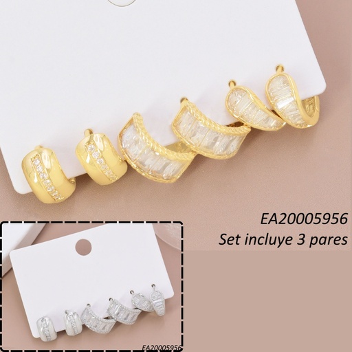 [EA20005956] SET 3 PARES ARETES HUGGIES DOR/PLAT ZIRC RD/ZIRC RECT.CRISTAL SE1431-6 012026