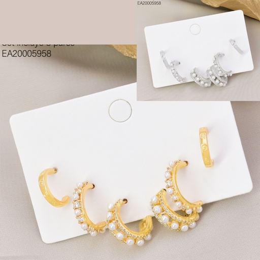 [EA20005958] SET 3 PARES ARETES DOR/PLAT "C" PERLAS SE1433-6 012026