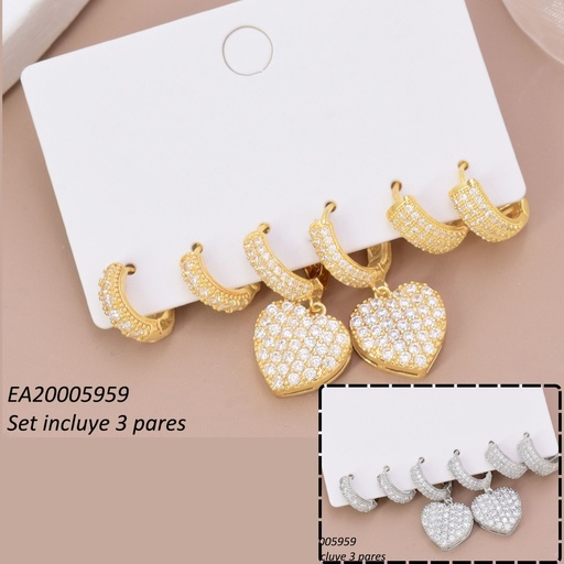 [EA20005959] SET 3 PARES ARETES HUGGIES DOR/PLAT ZIRC/CORAZON SE1434-6 012026