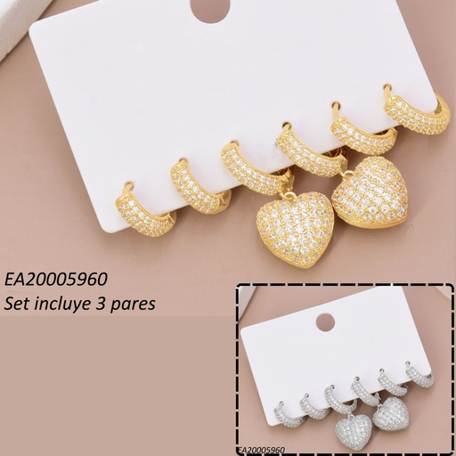 [EA20005960] SET 3 PARES ARETES HUGGIES DOR/PLAT ZIRC/CORAZON INFLADO SE1435-6 012026