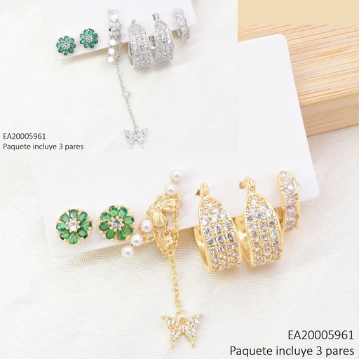 [EA20005961] SET 3 PARES ARETES DOR/PLAT ZIRC HUGGIES/FLOR/ASIMETRICOS SE1436-6 012026