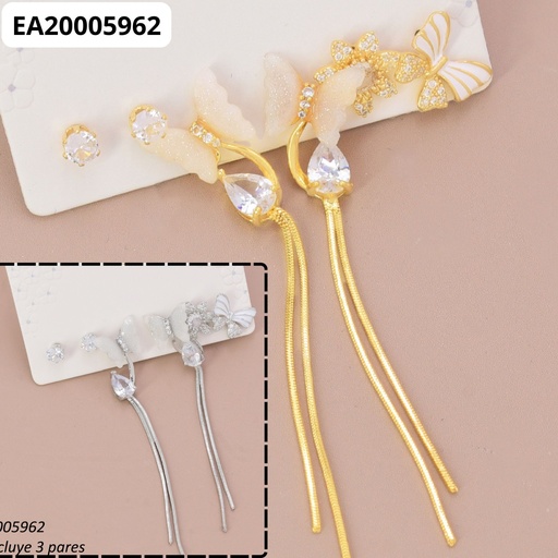 [EA20005962] SET 3 PARES ARETES DOR/PLAT ZIRC RD /MARIPOSAS SE1437-6 012026