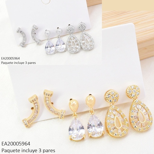 [EA20005964] SET 3 PARES ARETES DOR/PLAT "C" ZIRC/GOTA SE1439-6 012026