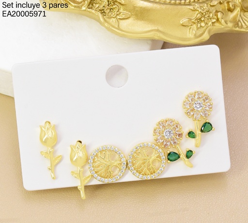 [EA20005971] SET 3 PARES ARETES ROSA/ARBOL/FLOR ZIRC  SE1553-294 012026