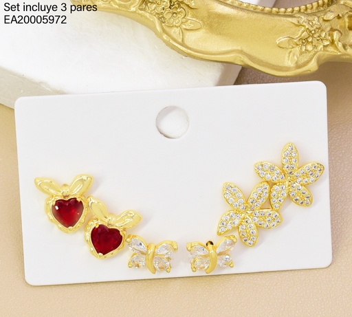 [EA20005972] SET 3 PARES ARETES CORAZON/MARIPOSA/FLOR ZIRC SE1554-294 012026