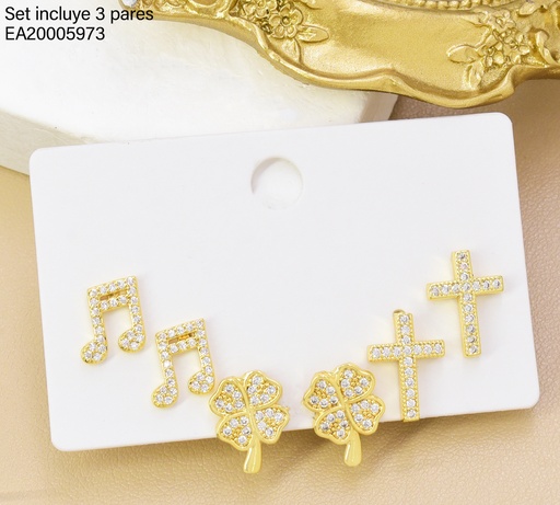 [EA20005973] SET 3 PARES ARETES ZIRC CRUZ/FLOR/SIGNO MUSICAL SE1555-294 012026