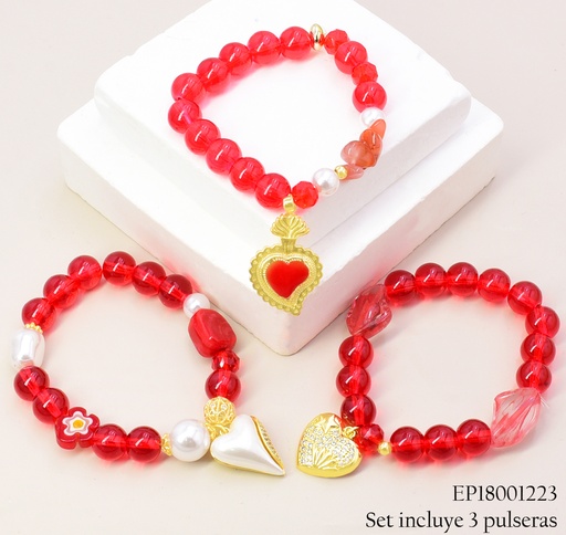 [EP18001223] SET 3 PULSERAS PELOTA ROJA CORAZON BE1102-5 012026