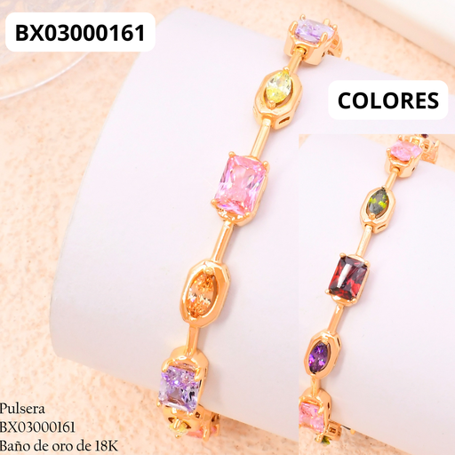 [BX03000161] PULSERA  BAÑO DE ORO  ZIRC. RECT/OVALAS COLORES V. XUPING