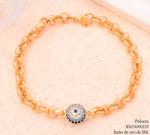 [BX03000170] PULSERA BAÑO DE ORO PELOTITA CELESTE/AZUL/CRISTAL (XM) XUPING