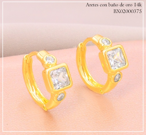 [BX02000375] ARETES HUGGIES BAÑO DE ORO 14K. XUPING ZIRC.CUADRO/RD TEZF-0174