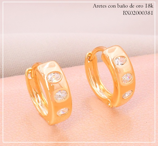 [BX02000381] ARETES HUGGIES BAÑO DE ORO 18K. XUPING 3 ZIRC. OV. VERT.TEDX-0354