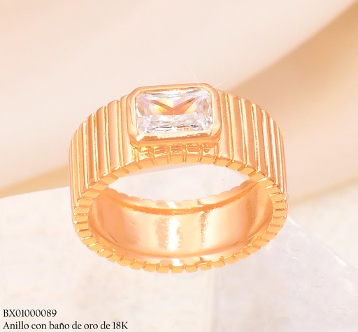 [BX01000089] ANILLO BAÑO DE ORO LINEAS VERTICALES/ ZIRC RECT. #114 XUPING