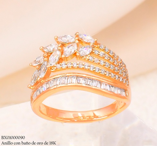 [BX01000090] ANILLO BAÑO DE ORO 18K XUPING ZIRC. RECT/HOJITAS CRISTALES #130