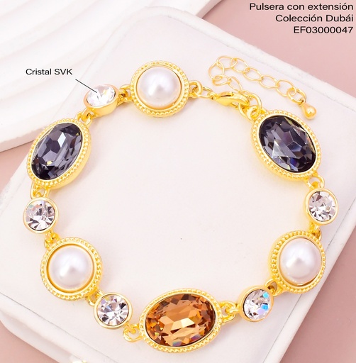 [EF03000047] PULSERA DOR PERLAS/ZIRC. RD CRISTAL/ZIRC. CAFE & NEGRA OV. FD-25890