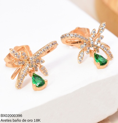 [BX02000396] ARETES BAÑO DE ORO 18K. XUPING LAZO C/HOJITAS GOTA ZIRC.VERDE JELX-12337