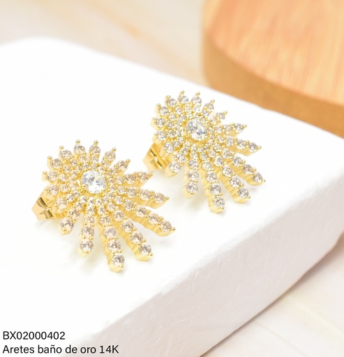 [BX02000402] ARETES BAÑO DE ORO 14K. XUPING SOL ZIRC.RAYOS ASIMETRICOS JEYX-3119