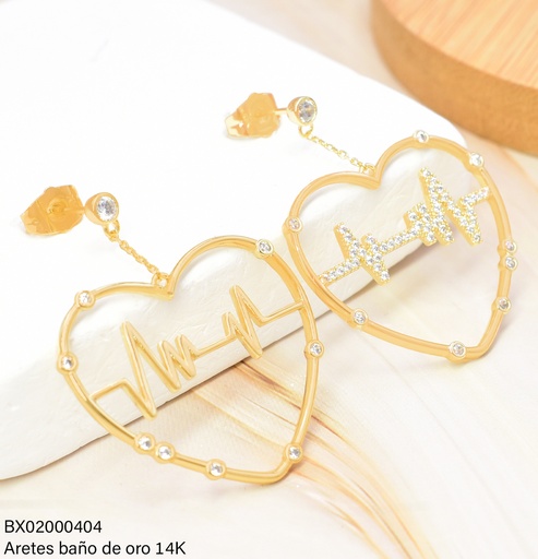 [BX02000404] ARETES BAÑO DE ORO 14K. XUPING CROQUI CORAZON C/LATIDOS ZIRC.
