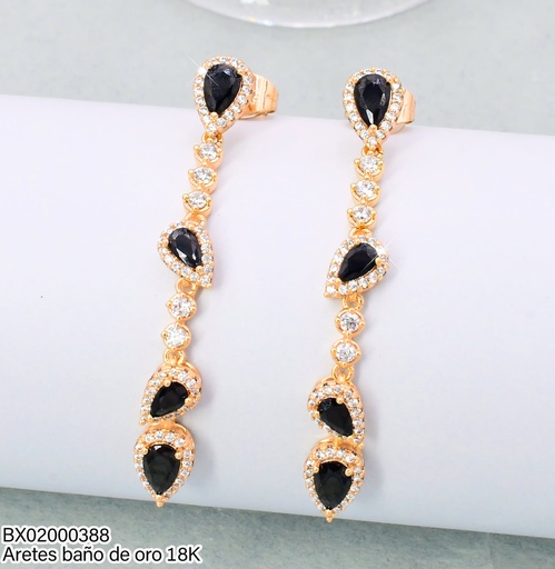 [BX02000388] ARETES LARGOS BAÑO DE ORO 18K. XUPING 4 GOTAS ZIRC.NEGRA VERT.JELX-14551