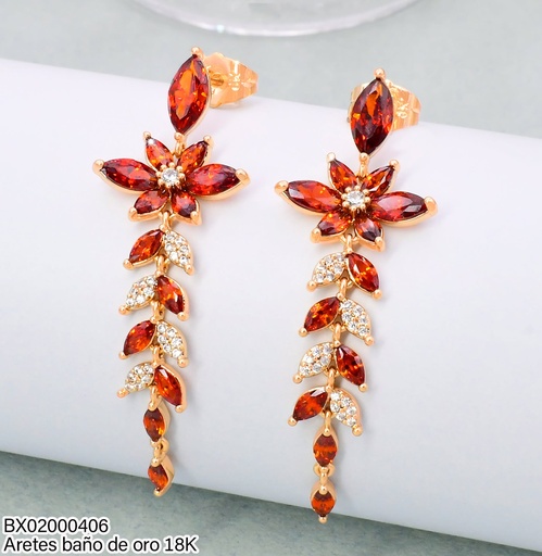 [BX02000406] ARETES LARGOS BAÑO DE ORO 18K. XUPING ZIRC.ROJA OV/FLOR/HOJITAS JEMY-15064