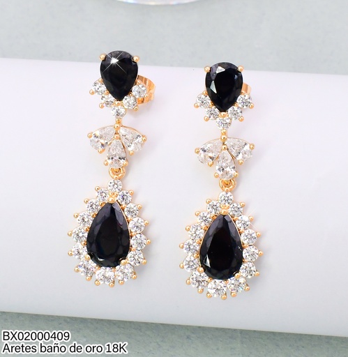 [BX02000409] ARETES LARGOS BAÑO DE ORO 18K. XUPING 2 GOTAS NEGRA ZIRC.BORDE JELX-12371