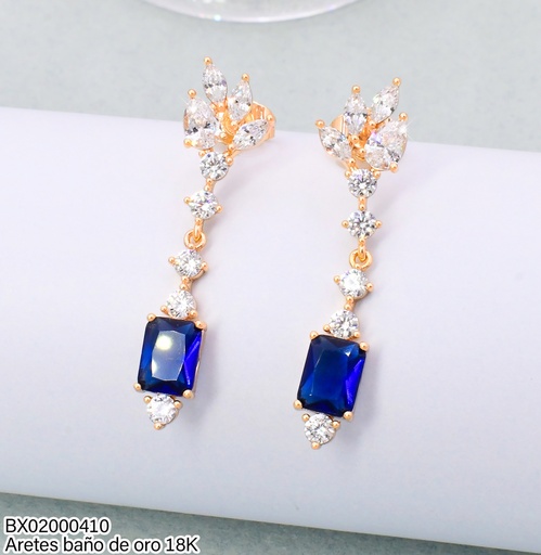 [BX02000410] ARETES LARGOS BAÑO DE ORO 18K. XUPING HOJAS ZIRC.C/CUADRO AZUL JECF-12128