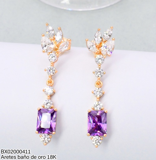 [BX02000411] ARETES LARGOS BAÑO DE ORO 18K. XUPING HOJAS ZIRC.C/CUADRO LILA JECF-12128